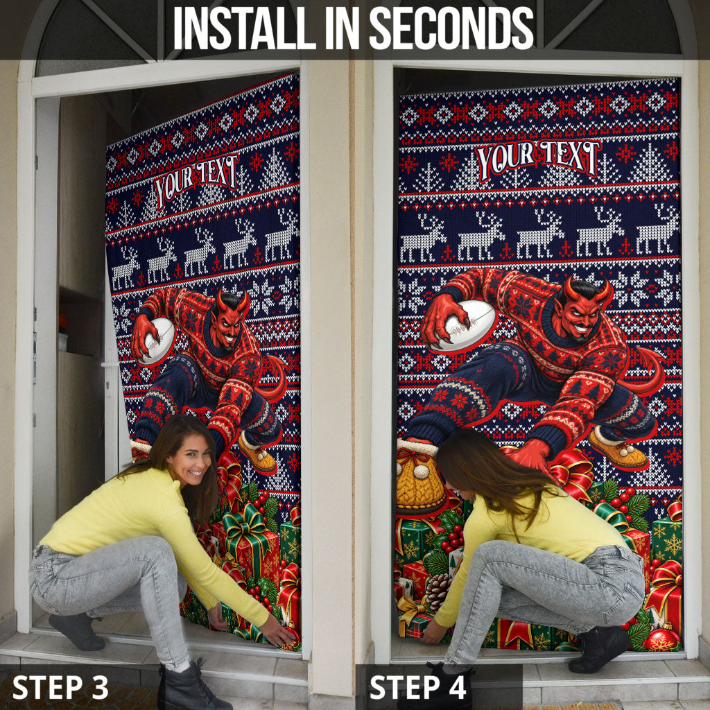 Personalized Melbourne Football Christmas Door Cover Australian Football Mascot - Ugly Xmas Pattern Festive