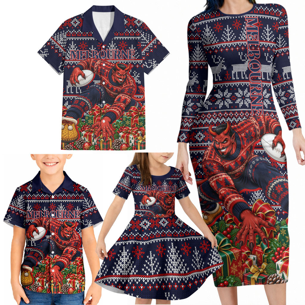Personalized Melbourne Football Christmas Family Matching Long Sleeve Bodycon Dress and Hawaiian Shirt Australian Football Mascot - Ugly Xmas Pattern Festive