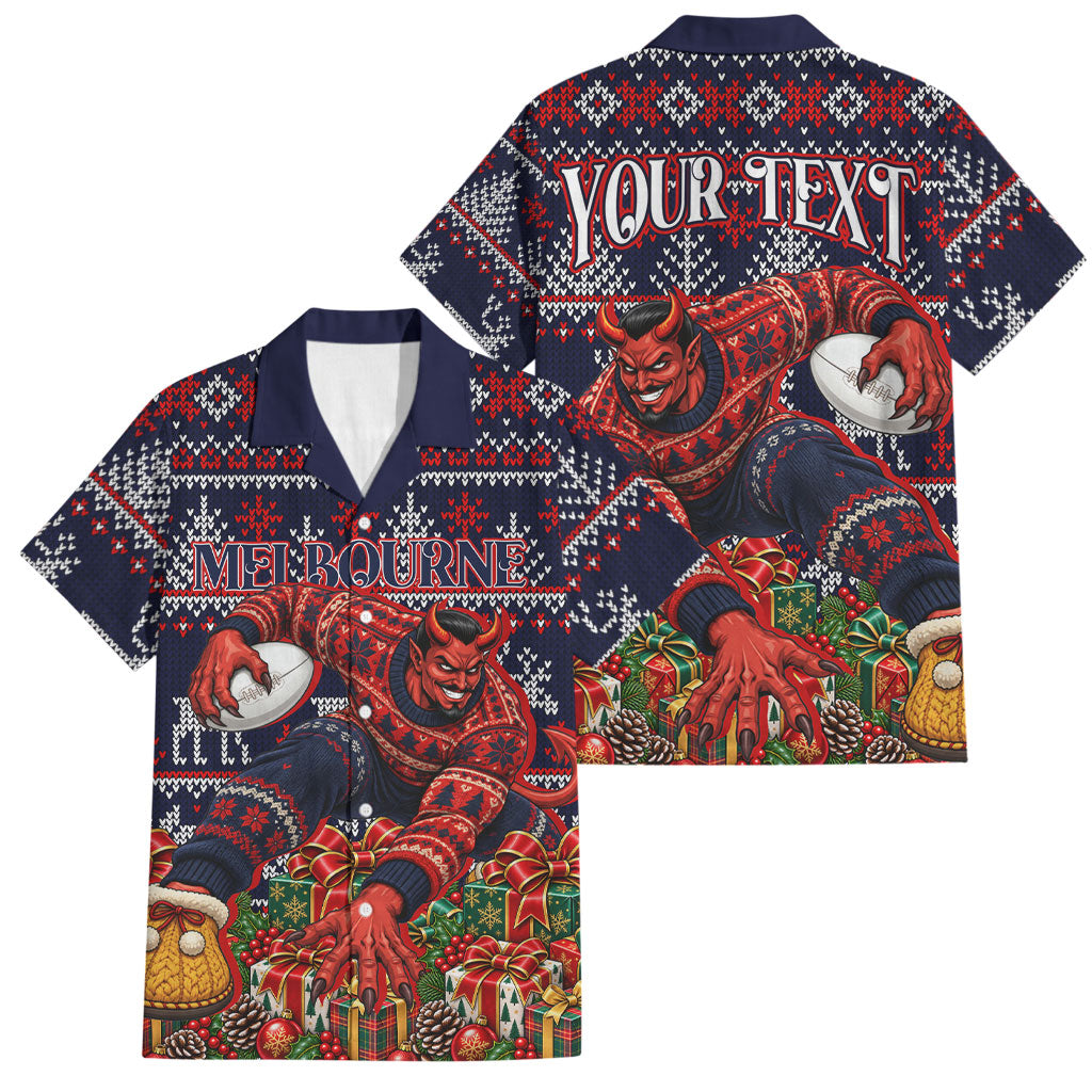 Personalized Melbourne Football Christmas Family Matching Long Sleeve Bodycon Dress and Hawaiian Shirt Australian Football Mascot - Ugly Xmas Pattern Festive