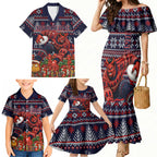 Personalized Melbourne Football Christmas Family Matching Mermaid Dress and Hawaiian Shirt Australian Football Mascot - Ugly Xmas Pattern Festive