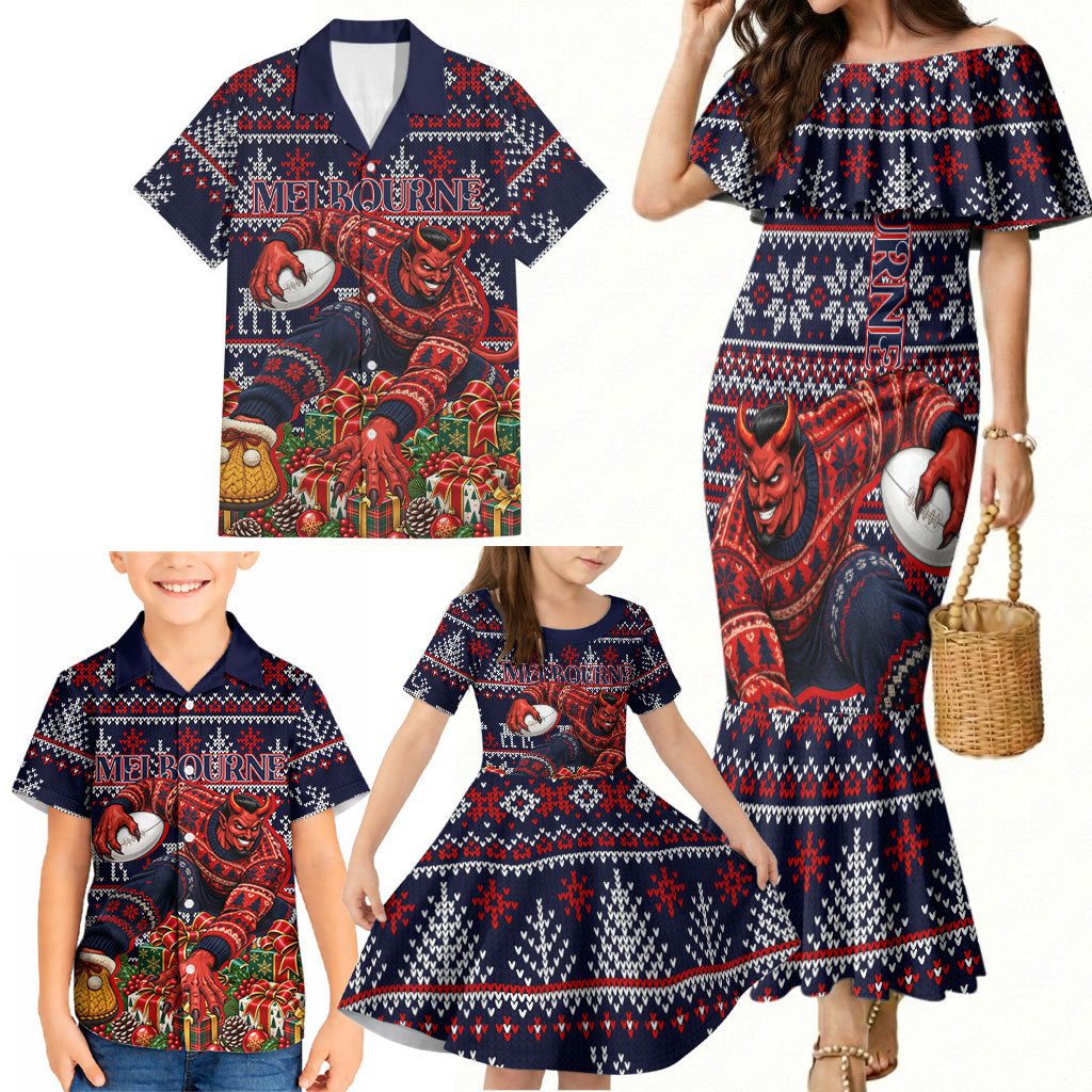 Personalized Melbourne Football Christmas Family Matching Mermaid Dress and Hawaiian Shirt Australian Football Mascot - Ugly Xmas Pattern Festive