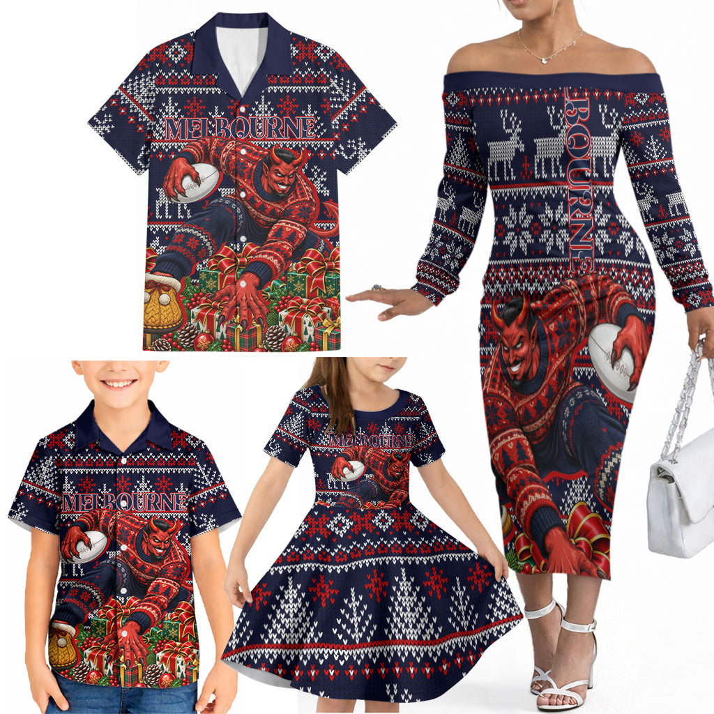 Personalized Melbourne Football Christmas Family Matching Off The Shoulder Long Sleeve Dress and Hawaiian Shirt Australian Football Mascot - Ugly Xmas Pattern Festive