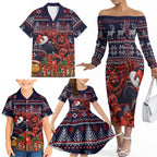 Personalized Melbourne Football Christmas Family Matching Off The Shoulder Long Sleeve Dress and Hawaiian Shirt Australian Football Mascot - Ugly Xmas Pattern Festive