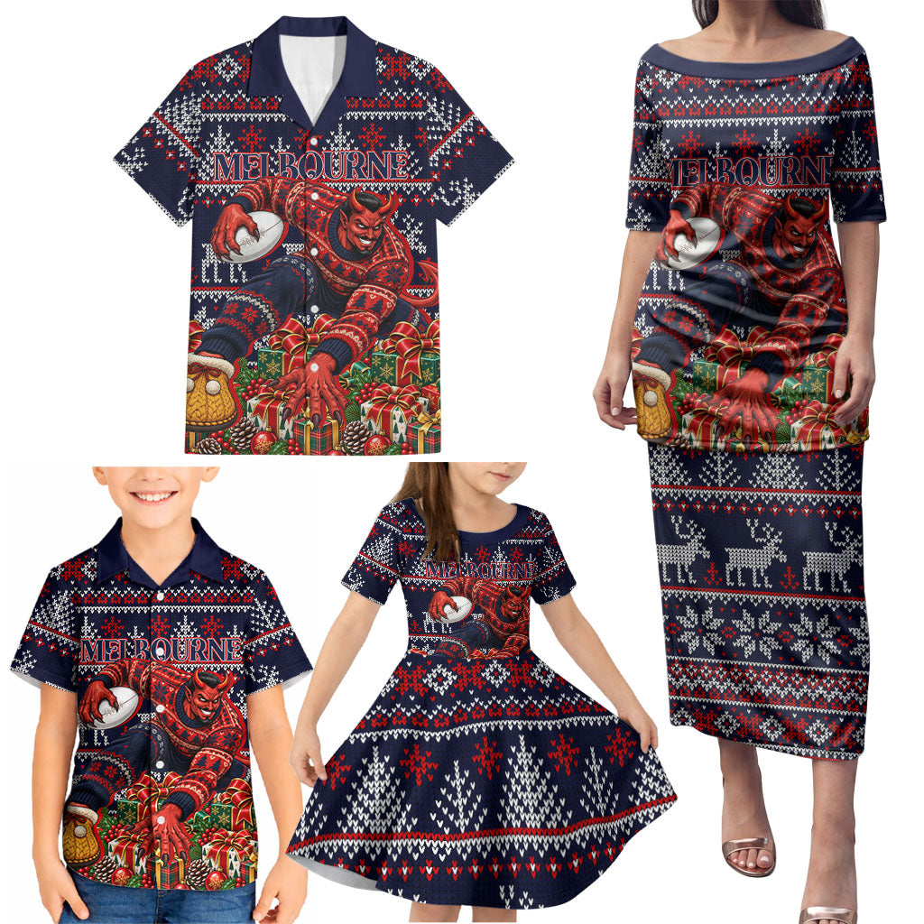 Personalized Melbourne Football Christmas Family Matching Puletasi and Hawaiian Shirt Australian Football Mascot - Ugly Xmas Pattern Festive