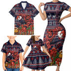 Personalized Melbourne Football Christmas Family Matching Short Sleeve Bodycon Dress and Hawaiian Shirt Australian Football Mascot - Ugly Xmas Pattern Festive