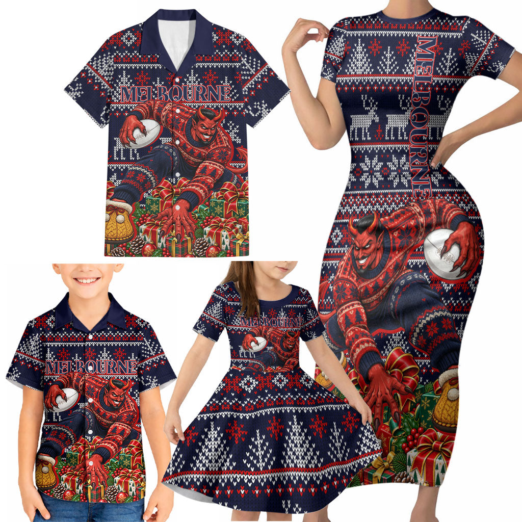 Personalized Melbourne Football Christmas Family Matching Short Sleeve Bodycon Dress and Hawaiian Shirt Australian Football Mascot - Ugly Xmas Pattern Festive