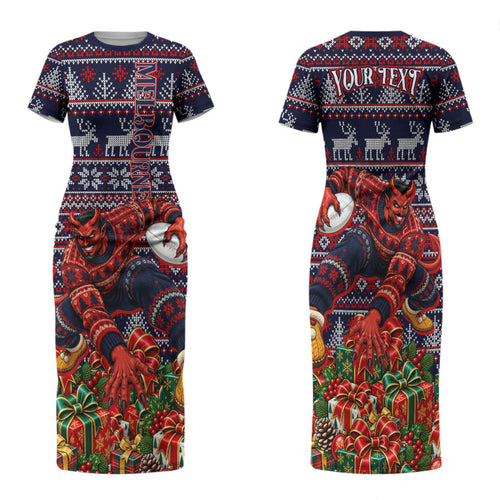 Personalized Melbourne Football Christmas Family Matching Short Sleeve Bodycon Dress and Hawaiian Shirt Australian Football Mascot - Ugly Xmas Pattern Festive