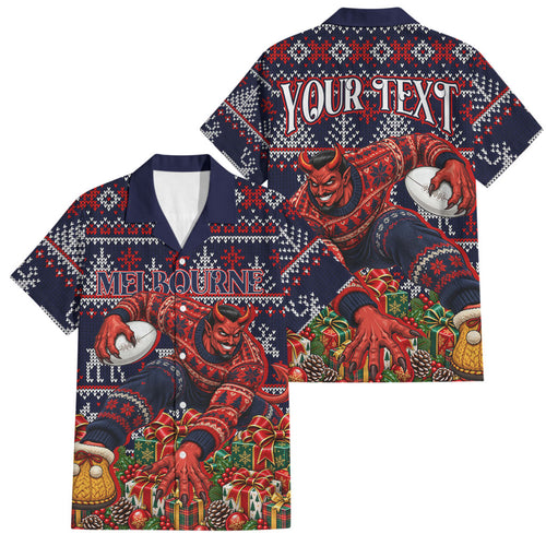 Personalized Melbourne Football Christmas Family Matching Short Sleeve Bodycon Dress and Hawaiian Shirt Australian Football Mascot - Ugly Xmas Pattern Festive