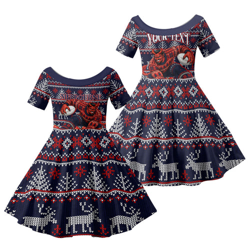 Personalized Melbourne Football Christmas Family Matching Short Sleeve Bodycon Dress and Hawaiian Shirt Australian Football Mascot - Ugly Xmas Pattern Festive