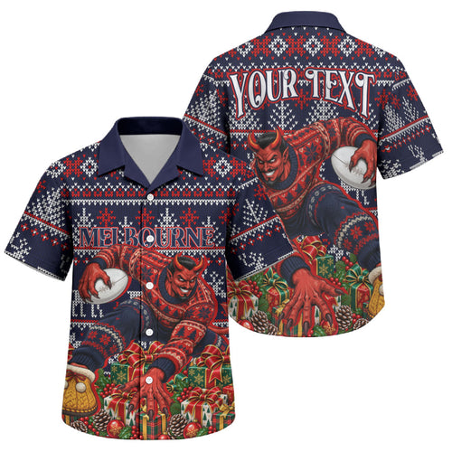 Personalized Melbourne Football Christmas Family Matching Short Sleeve Bodycon Dress and Hawaiian Shirt Australian Football Mascot - Ugly Xmas Pattern Festive