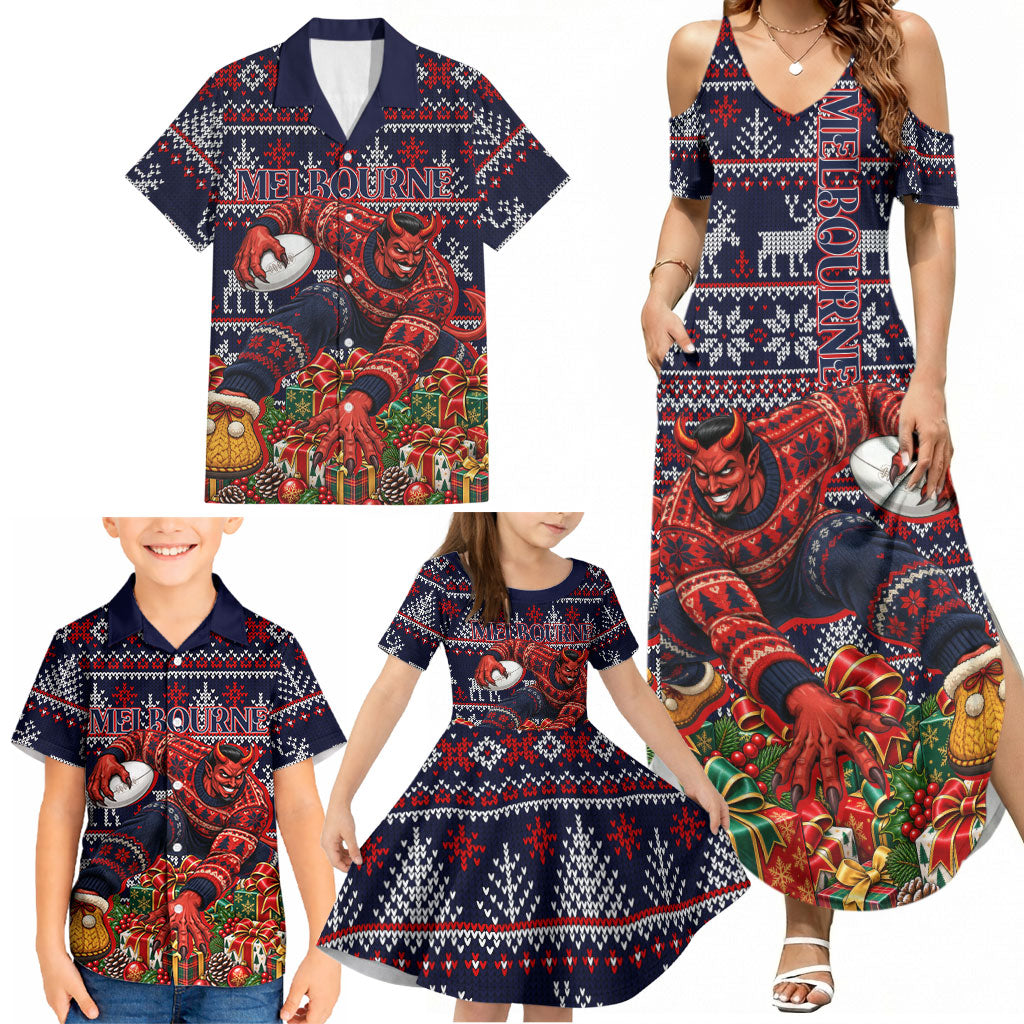 Personalized Melbourne Football Christmas Family Matching Summer Maxi Dress and Hawaiian Shirt Australian Football Mascot - Ugly Xmas Pattern Festive