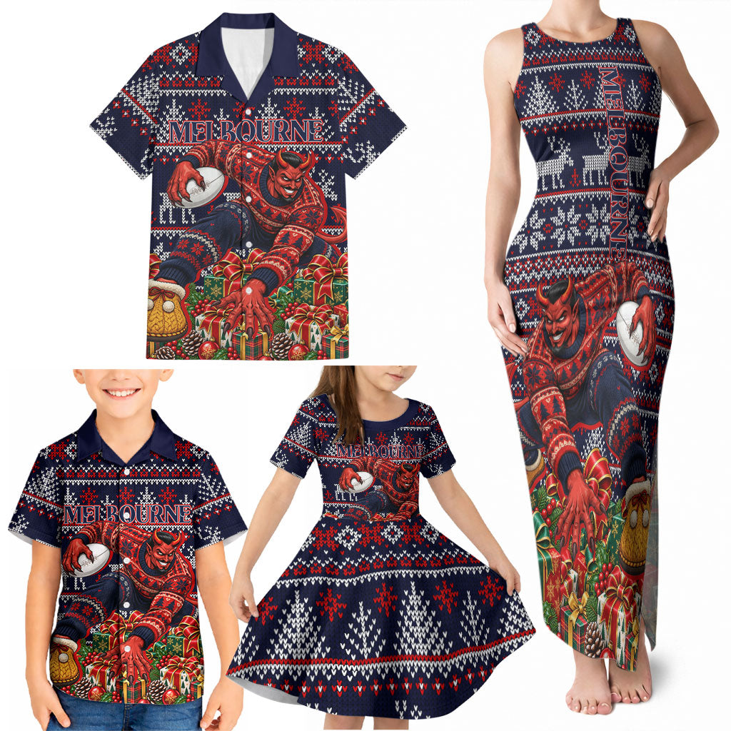 Personalized Melbourne Football Christmas Family Matching Tank Maxi Dress and Hawaiian Shirt Australian Football Mascot - Ugly Xmas Pattern Festive