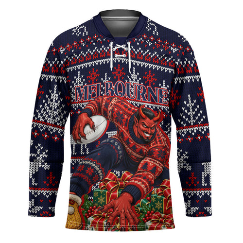 Personalized Melbourne Football Christmas Hockey Jersey Australian Football Mascot - Ugly Xmas Pattern Festive