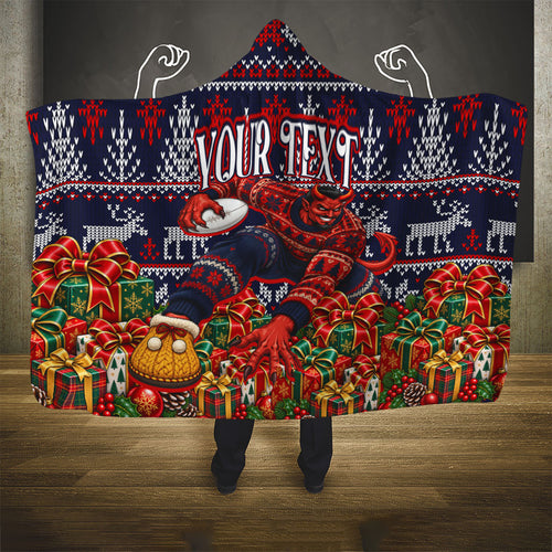 Personalized Melbourne Football Christmas Hooded Blanket Australian Football Mascot - Ugly Xmas Pattern Festive