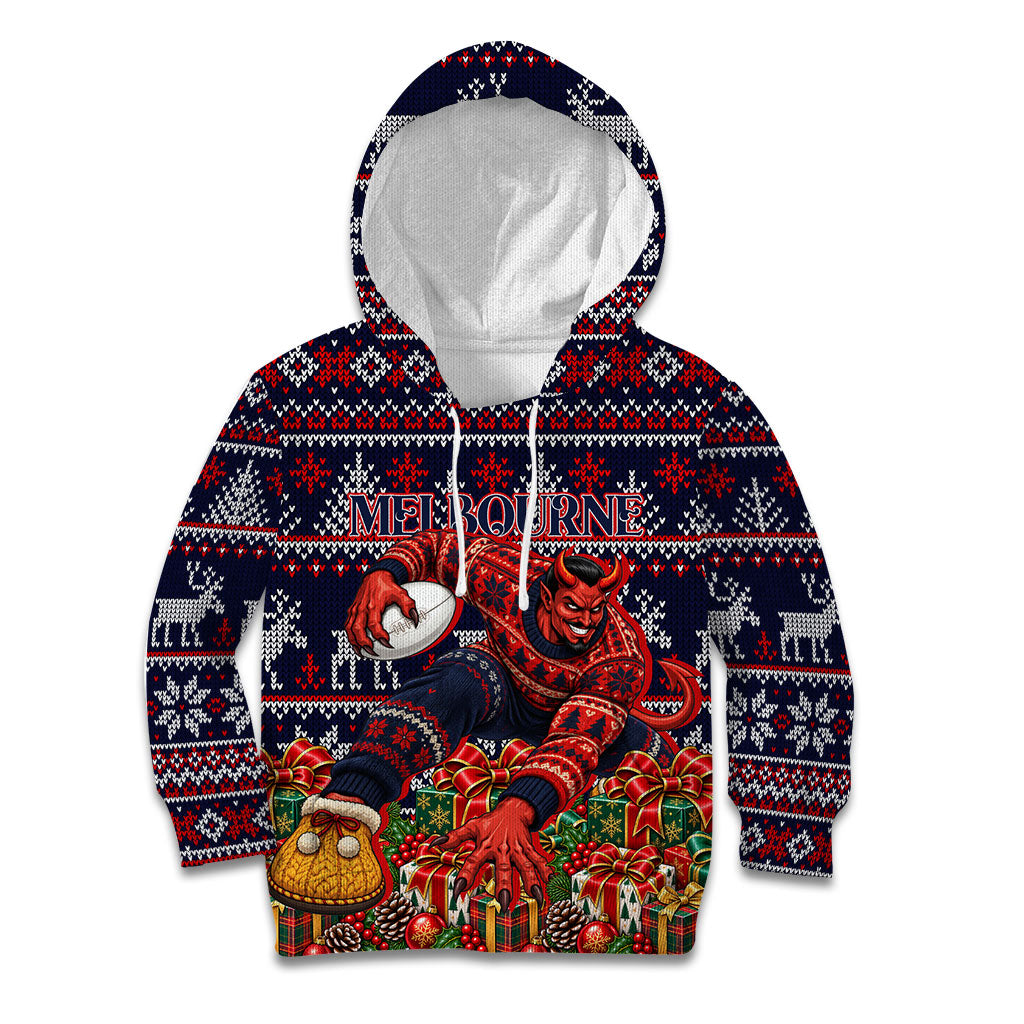 Personalized Melbourne Football Christmas Kid Hoodie Australian Football Mascot - Ugly Xmas Pattern Festive