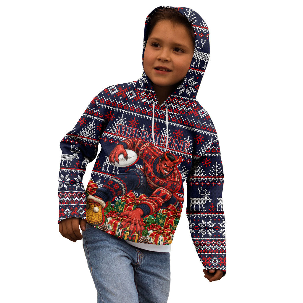 Personalized Melbourne Football Christmas Kid Hoodie Australian Football Mascot - Ugly Xmas Pattern Festive