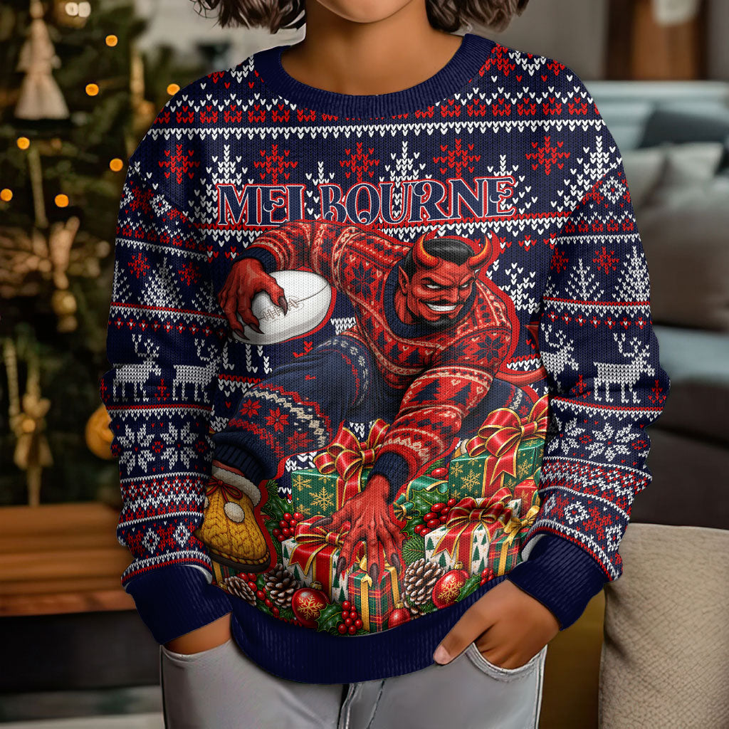Personalized Melbourne Football Christmas Kid Ugly Christmas Sweater Australian Football Mascot - Ugly Xmas Pattern Festive