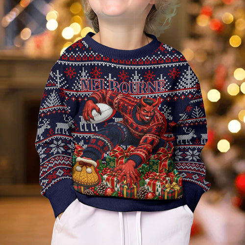 Personalized Melbourne Football Christmas Kid Ugly Christmas Sweater Australian Football Mascot - Ugly Xmas Pattern Festive