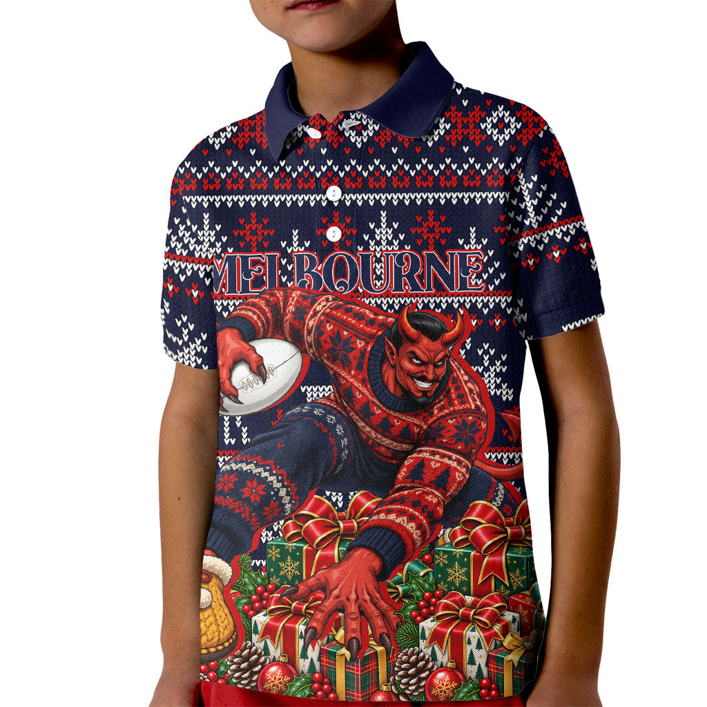 Personalized Melbourne Football Christmas Kid Polo Shirt Australian Football Mascot - Ugly Xmas Pattern Festive
