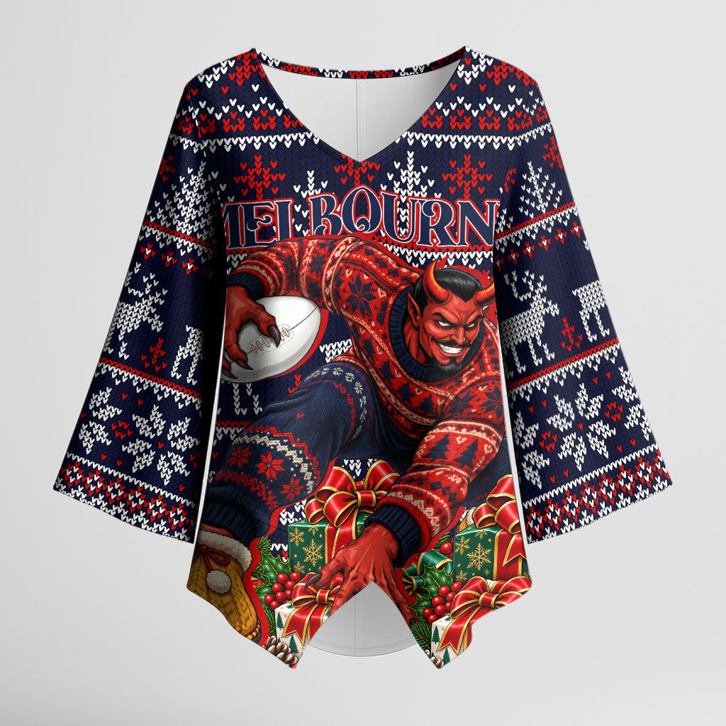 Personalized Melbourne Football Christmas Kimono Sleeve Blouse Australian Football Mascot - Ugly Xmas Pattern Festive