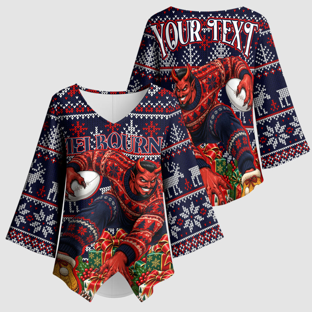 Personalized Melbourne Football Christmas Kimono Sleeve Blouse Australian Football Mascot - Ugly Xmas Pattern Festive
