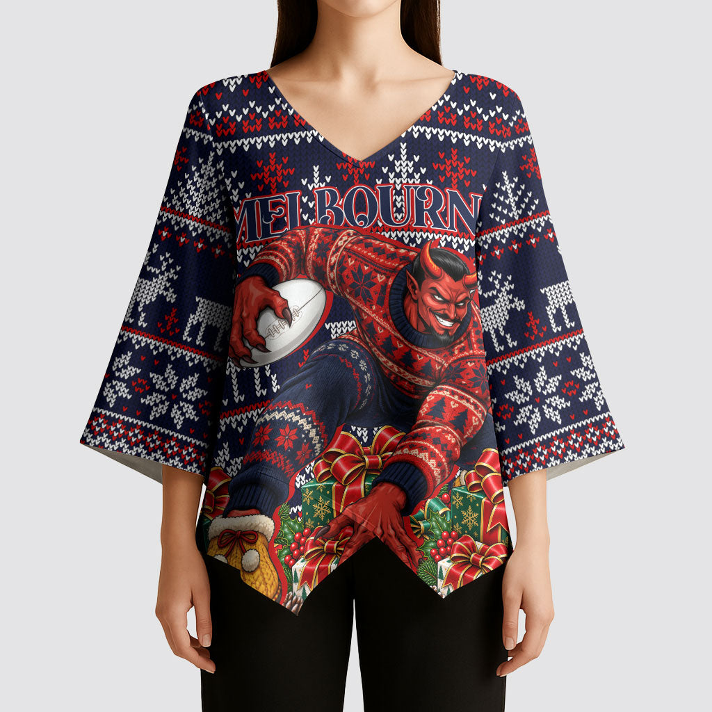 Personalized Melbourne Football Christmas Kimono Sleeve Blouse Australian Football Mascot - Ugly Xmas Pattern Festive