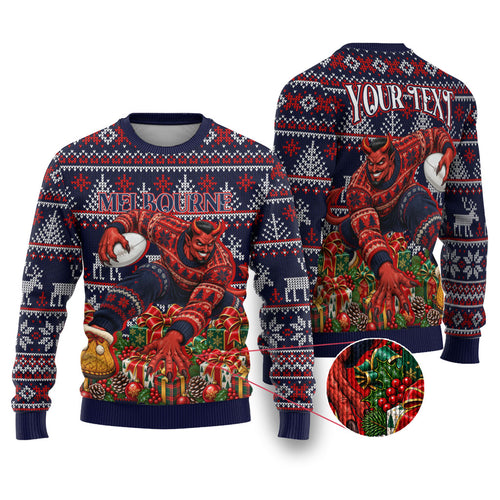 Personalized Melbourne Football Christmas Ugly Christmas Sweater Australian Football Mascot - Ugly Xmas Pattern Festive
