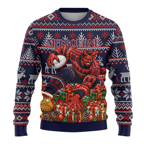 Personalized Melbourne Football Christmas Ugly Christmas Sweater Australian Football Mascot - Ugly Xmas Pattern Festive
