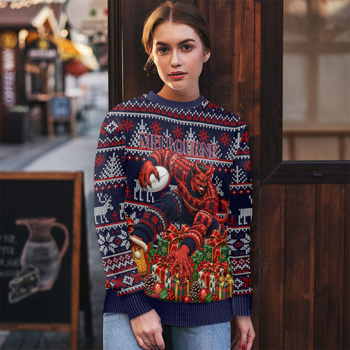 Personalized Melbourne Football Christmas Ugly Christmas Sweater Australian Football Mascot - Ugly Xmas Pattern Festive