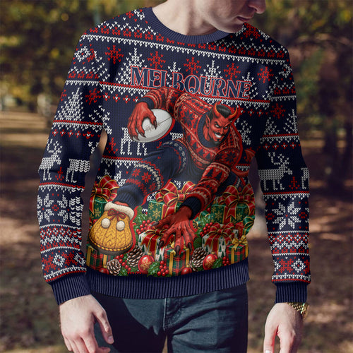 Personalized Melbourne Football Christmas Ugly Christmas Sweater Australian Football Mascot - Ugly Xmas Pattern Festive