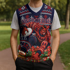 Personalized Melbourne Football Christmas Knitted V-Neck Vest Australian Football Mascot - Ugly Xmas Pattern Festive