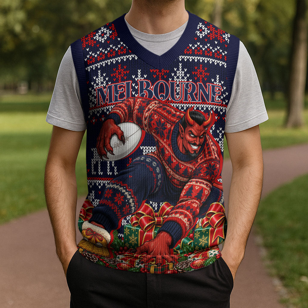 Personalized Melbourne Football Christmas Knitted V-Neck Vest Australian Football Mascot - Ugly Xmas Pattern Festive