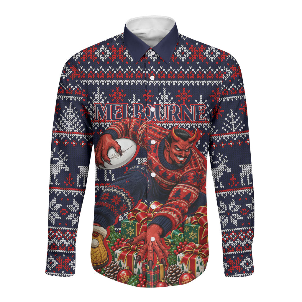 Personalized Melbourne Football Christmas Long Sleeve Button Shirt Australian Football Mascot - Ugly Xmas Pattern Festive