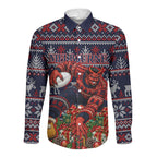 Personalized Melbourne Football Christmas Long Sleeve Button Shirt Australian Football Mascot - Ugly Xmas Pattern Festive