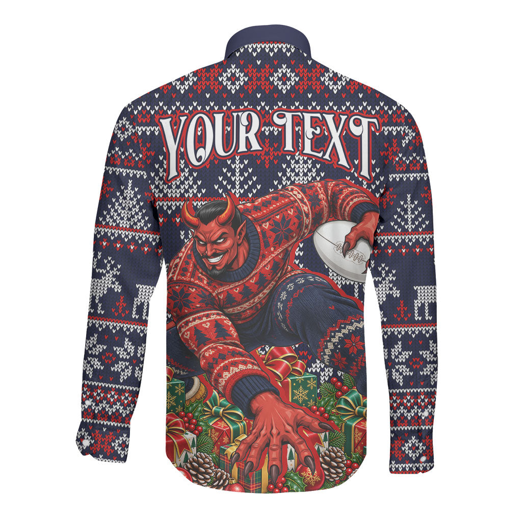 Personalized Melbourne Football Christmas Long Sleeve Button Shirt Australian Football Mascot - Ugly Xmas Pattern Festive