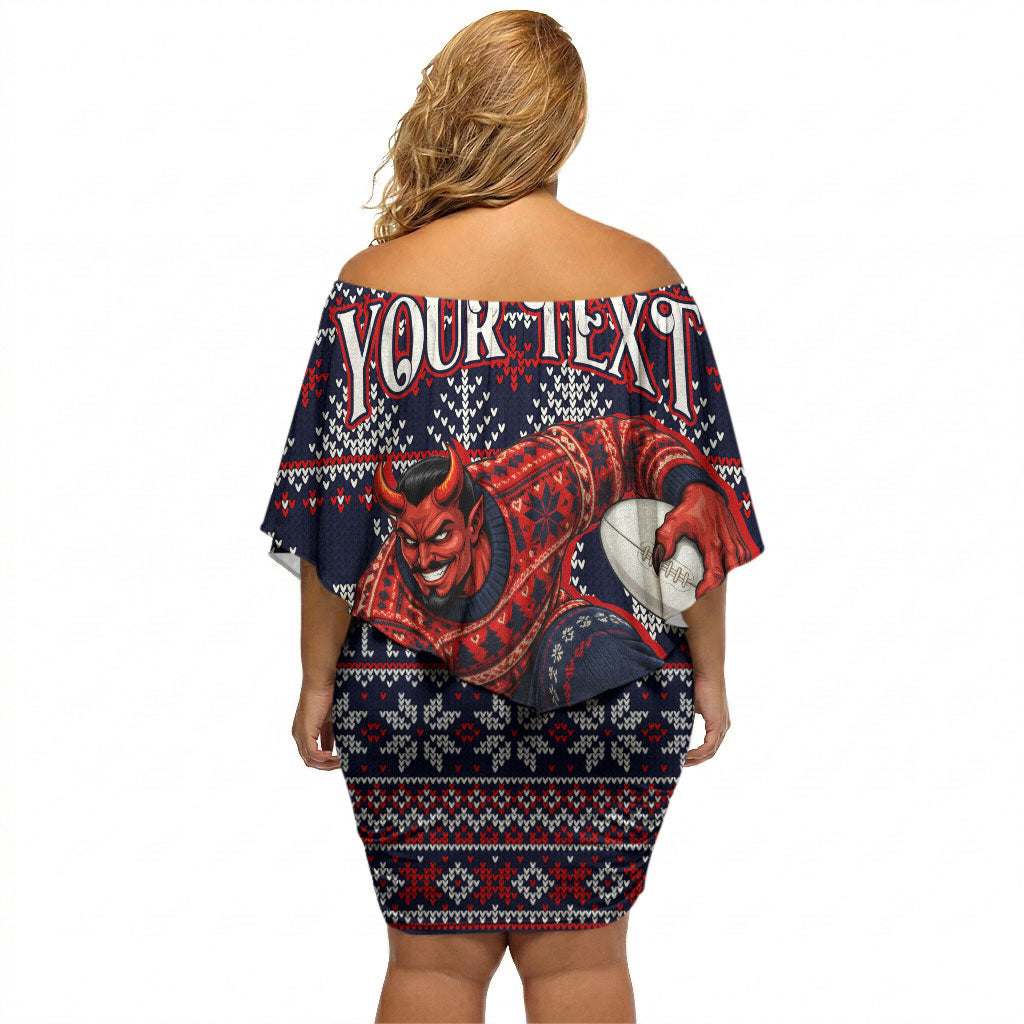 Personalized Melbourne Football Christmas Off Shoulder Short Dress Australian Football Mascot - Ugly Xmas Pattern Festive