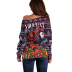 Personalized Melbourne Football Christmas Off Shoulder Sweater Australian Football Mascot - Ugly Xmas Pattern Festive