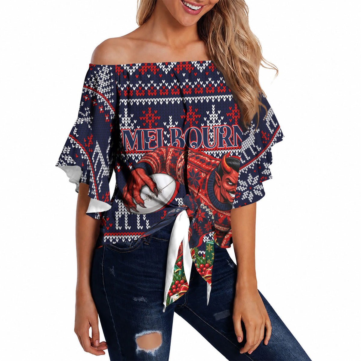 Personalized Melbourne Football Christmas Off Shoulder Wrap Waist Top Australian Football Mascot - Ugly Xmas Pattern Festive