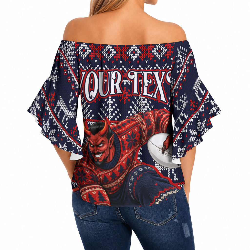 Personalized Melbourne Football Christmas Off Shoulder Wrap Waist Top Australian Football Mascot - Ugly Xmas Pattern Festive