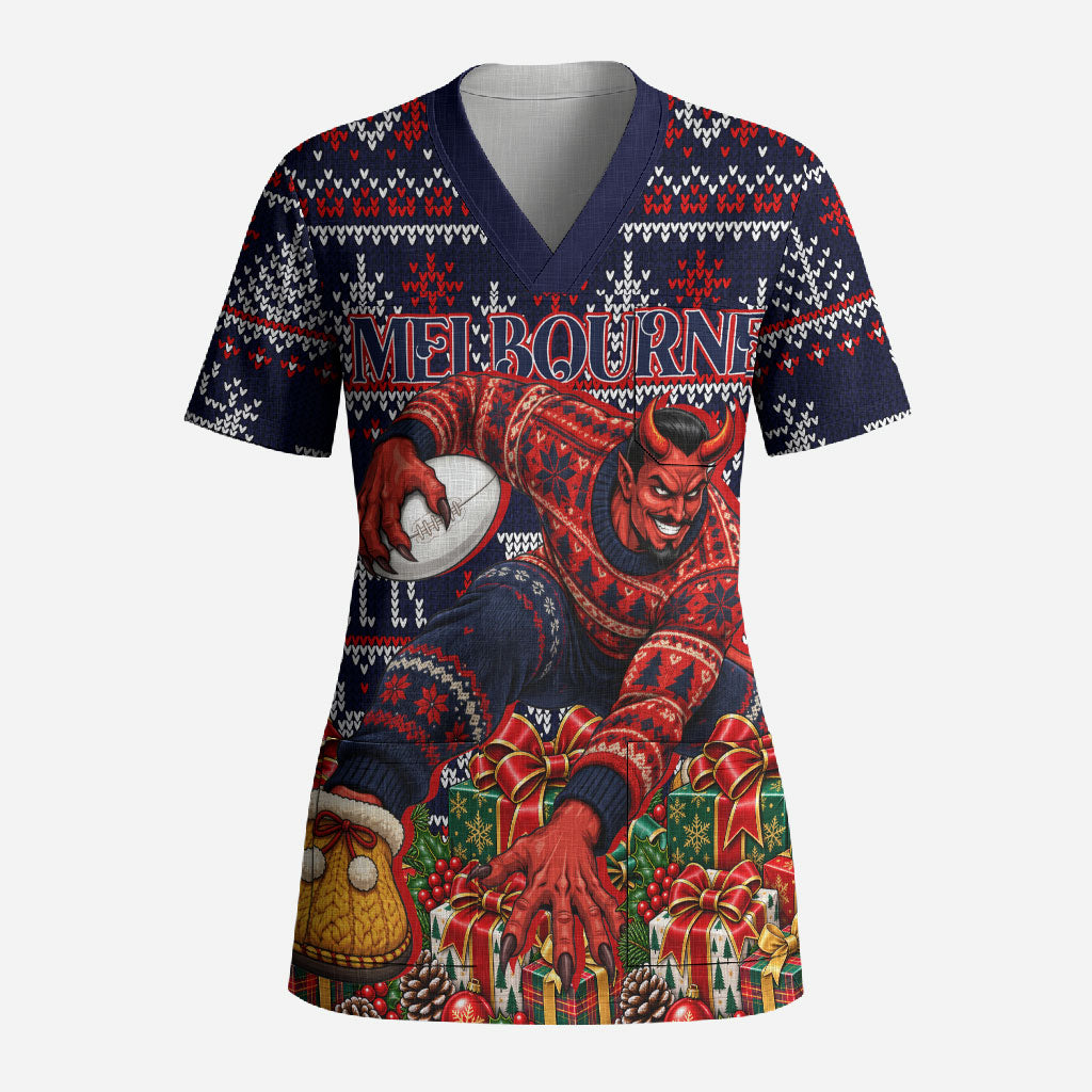 Personalized Melbourne Football Christmas Scrub Top Australian Football Mascot - Ugly Xmas Pattern Festive