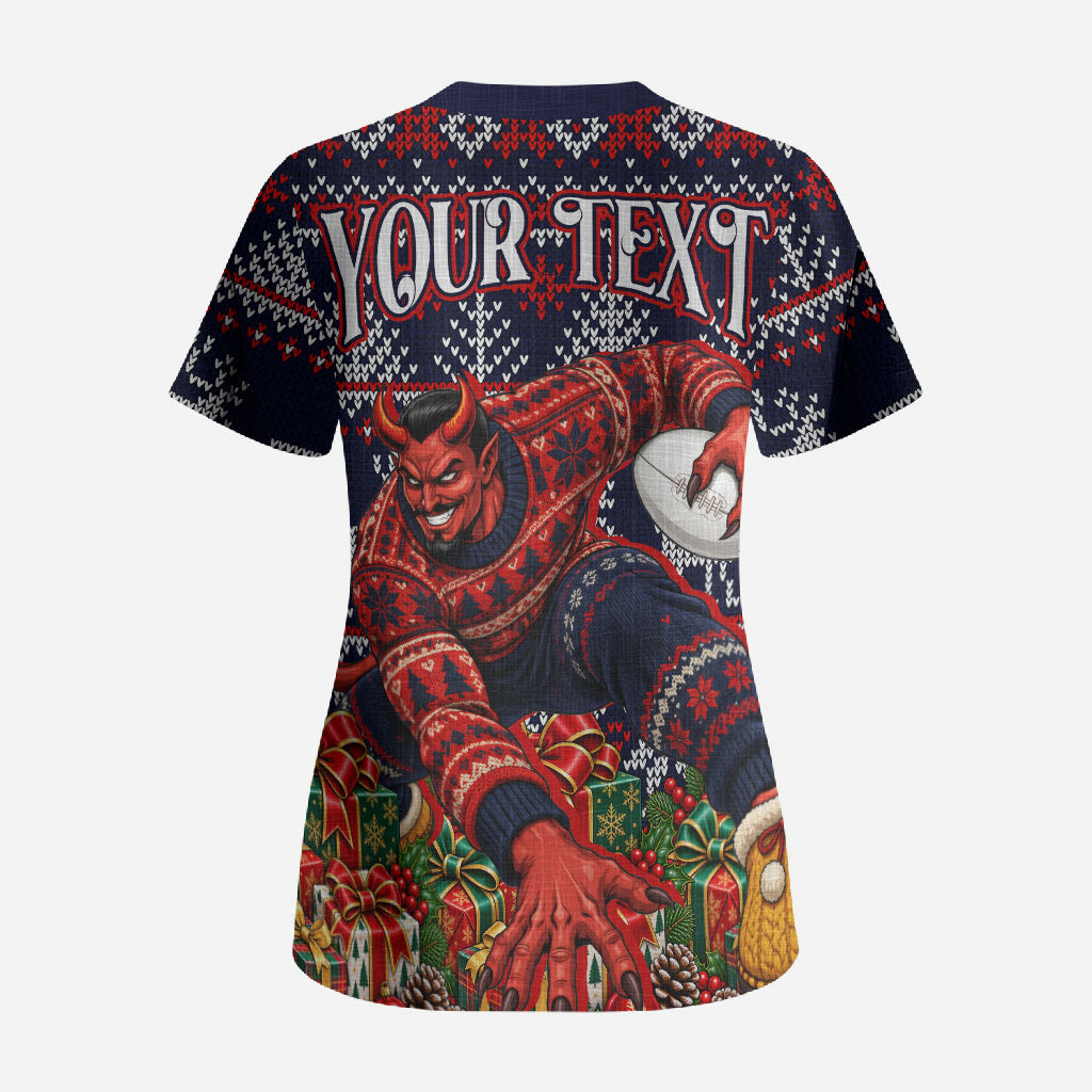 Personalized Melbourne Football Christmas Scrub Top Australian Football Mascot - Ugly Xmas Pattern Festive