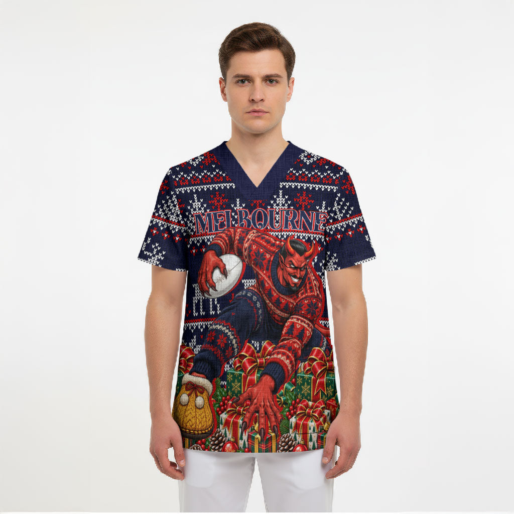 Personalized Melbourne Football Christmas Scrub Top Australian Football Mascot - Ugly Xmas Pattern Festive