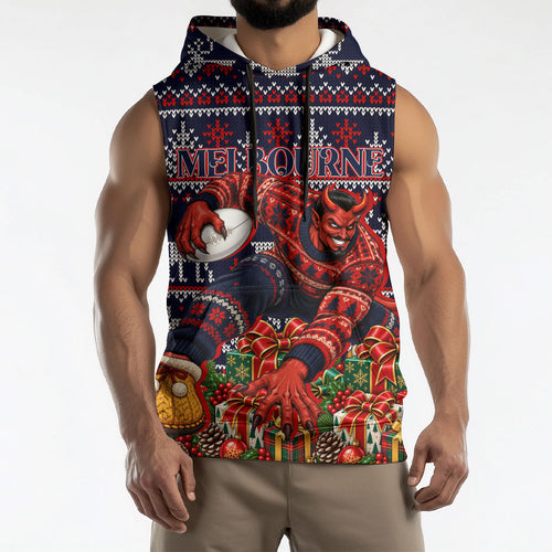 Personalized Melbourne Football Christmas Sleeveless Hoodie Australian Football Mascot - Ugly Xmas Pattern Festive