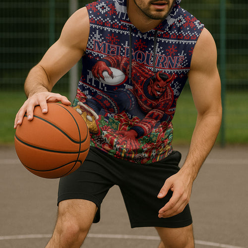 Personalized Melbourne Football Christmas Sleeveless Hoodie Australian Football Mascot - Ugly Xmas Pattern Festive