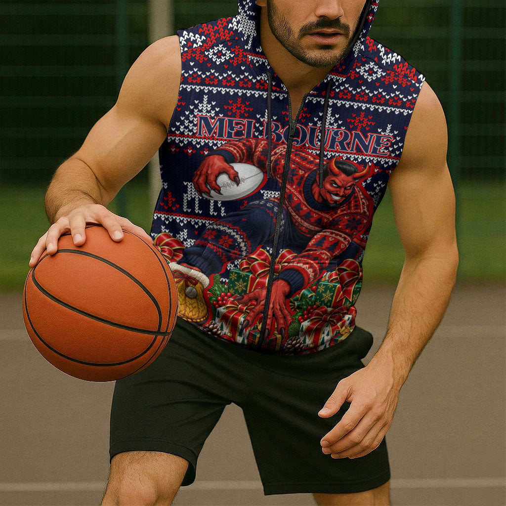Personalized Melbourne Football Christmas Sleeveless Zip Hoodie Australian Football Mascot - Ugly Xmas Pattern Festive