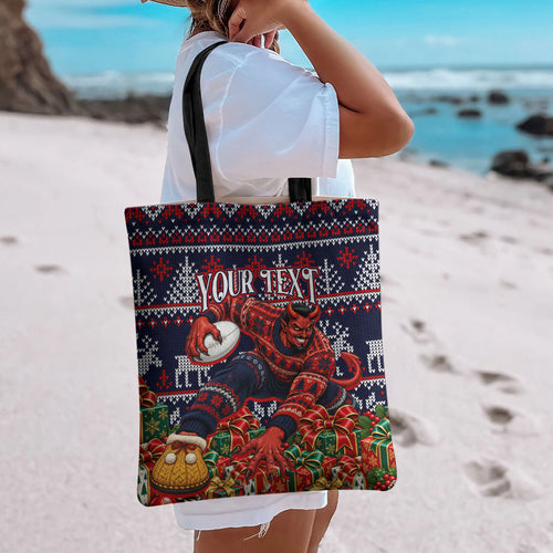 Personalized Melbourne Football Christmas Tote Bag Australian Football Mascot - Ugly Xmas Pattern Festive