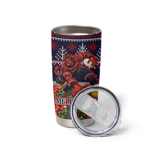 Personalized Melbourne Football Christmas Tumbler Cup Australian Football Mascot - Ugly Xmas Pattern Festive