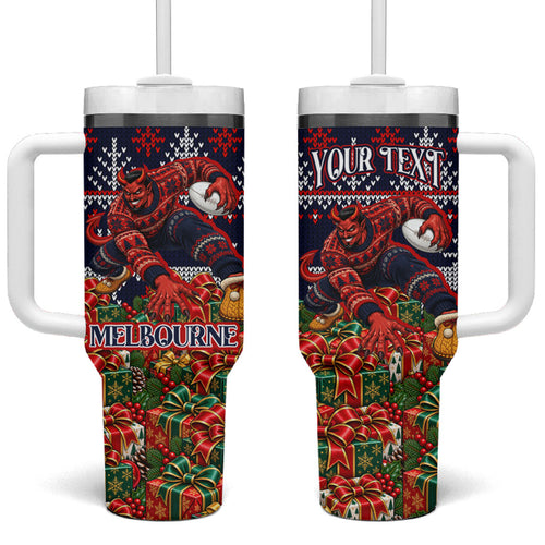 Personalized Melbourne Football Christmas Tumbler With Handle Australian Football Mascot - Ugly Xmas Pattern Festive
