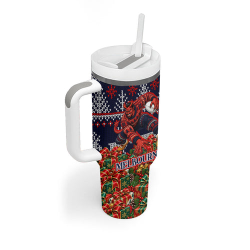 Personalized Melbourne Football Christmas Tumbler With Handle Australian Football Mascot - Ugly Xmas Pattern Festive