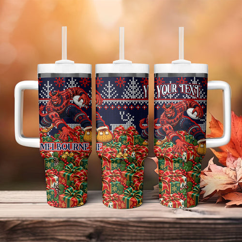 Personalized Melbourne Football Christmas Tumbler With Handle Australian Football Mascot - Ugly Xmas Pattern Festive